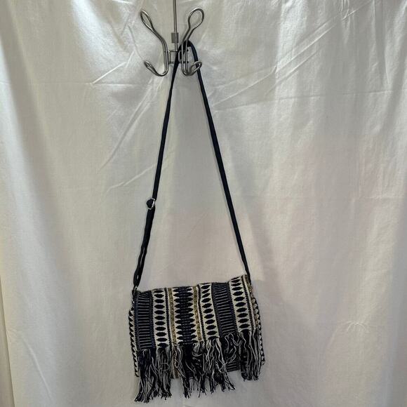 Boho Fringe Crossbody Bag – Navy & Cream Woven Fabric - Picture 1 of 7
